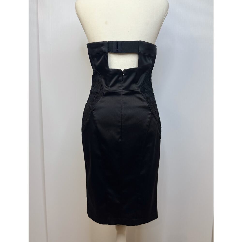 bebe Strapless Black Satin Lace Sheath Dress Women’s Medium Bodycon Bombshell - Picture 2 of 16